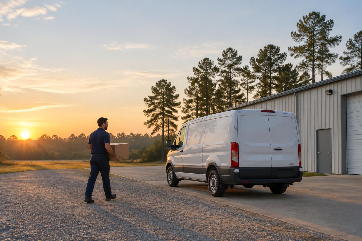 A courier carrying a package out to a cargo van at first light