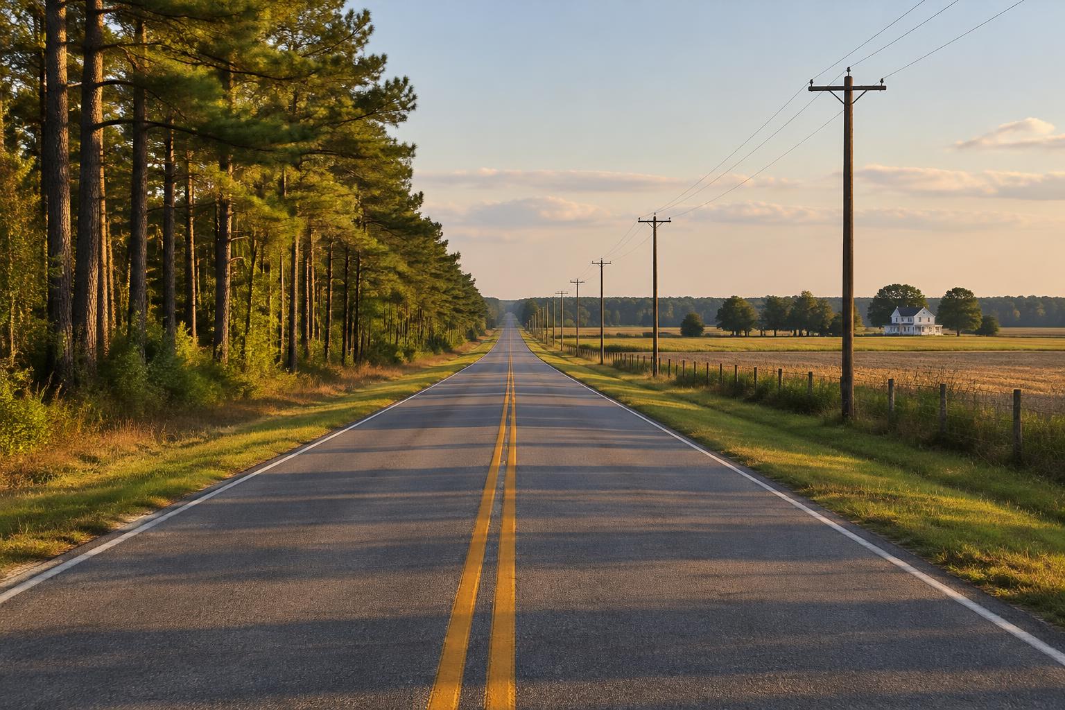 A two-lane rural highway running through pine woods and farmland on the North Carolina coastal plain