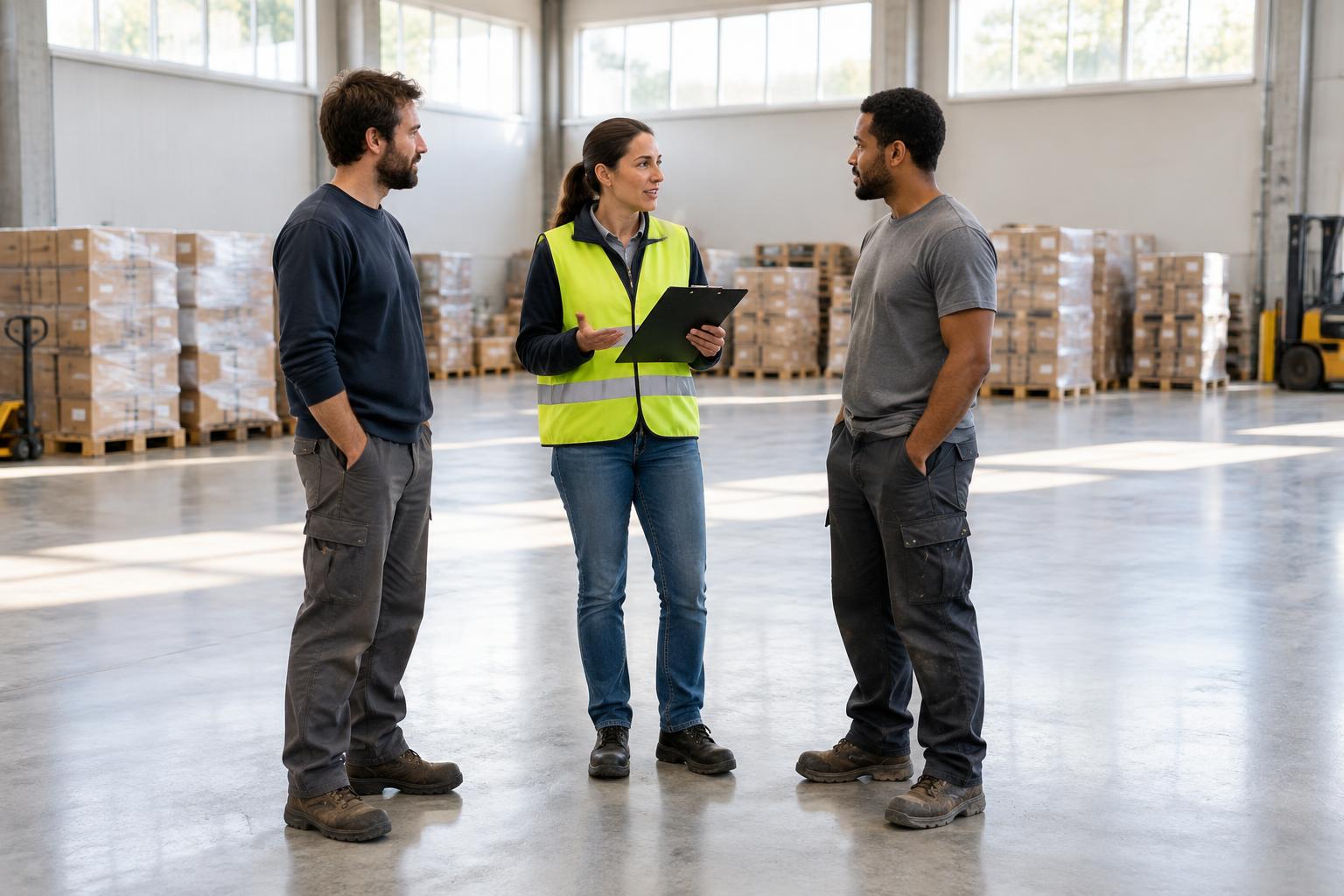 A supervisor briefing two warehouse workers beside stacked pallets