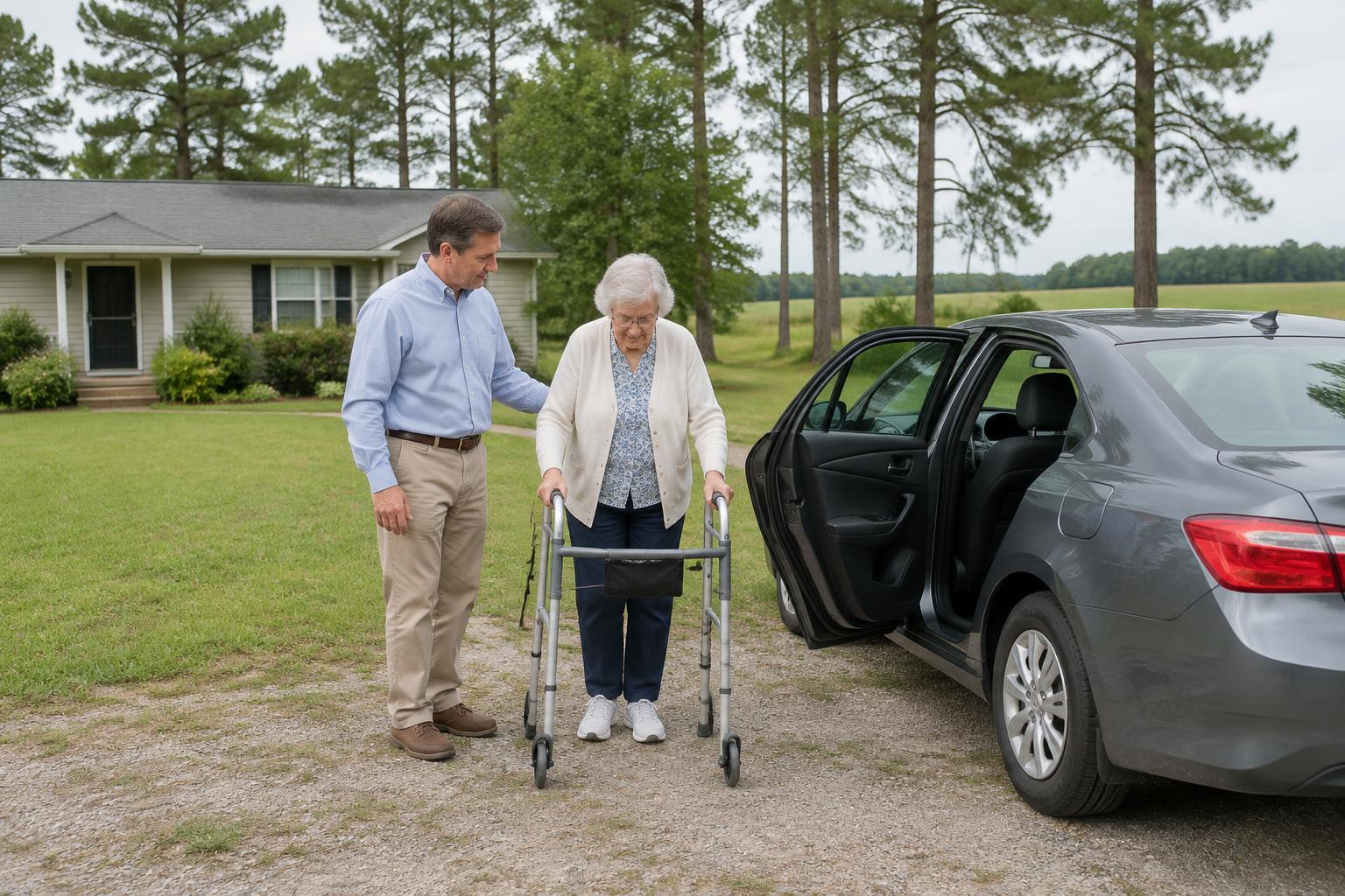 A driver helping an older woman with a walker toward an open car door